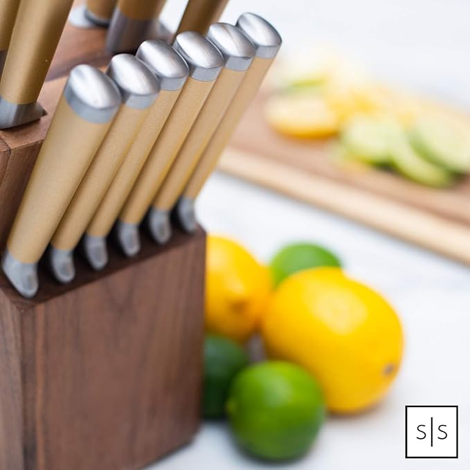 Gold Knife Set with Walnut Block – 13-Piece Full Tang Stainless Steel Kitchen Knives – Durable Gold Kitchen Accessories for Cooking and Food Prep