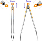 304 Stainless Steel Kitchen Cooking Tongs, 14" and 16" Set of 2 Sturdy Grilling Barbeque Brushed Locking Food Tongs with Ergonomic Grip, Orange