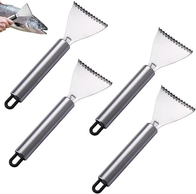 4 Pack Fish Scaler Scale Remover Stainless Steel Rake Teeth Scraping Tool Descaler Knives Scales Cleaning Descaling Scraper for Bream Salmon Fishes Seafood Market Kitchen