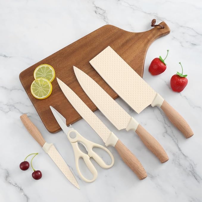 Knife Set, Wiztoynia 6-Piece Beige Kitchen Knife Set for Home, Anti-Rust Non-stick Stainless Steel Sharp Chef Knife Set with Universal Knife Block for Kitchen, Ergonomical Design (Beige)