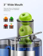 QCen Juicer Machine, 500W Centrifugal Juicer Extractor with Wide Mouth 3” Feed Chute for Fruit Vegetable, Easy to Clean, Stainless Steel, BPA-free (Blue)