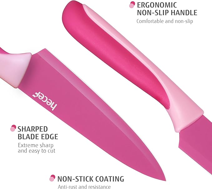 hecef 15 Pieces Kitchen Knife Set with Built-in Sharpening Wooden Block, Dishwasher Safe, High Carbon Stainless Steel Knife Block Set with Steak Knives, Kitchen Scissors, Hot Pink