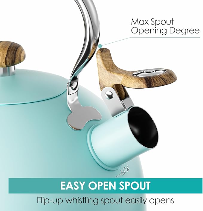 2.6 Quart Tea Kettle Stovetop Whistling for Stove Top, Food Grade Stainless Steel Tea Kettles with Cool Wood Pattern Handle, Blue