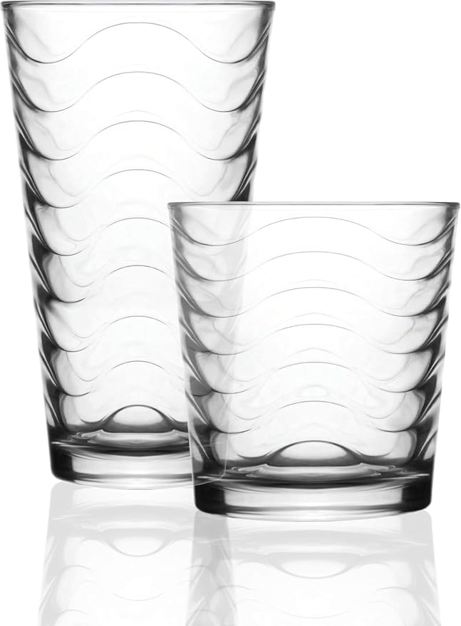 Circleware 12-Piece Set of Highball Tumbler Drinking Glasses and Whiskey Cups, Home & Kitchen Party Glassware for Water, Beer, Juice, Ice Tea, Bar Beverages, 6-15.75 oz & 6-12.5 oz, Pulse