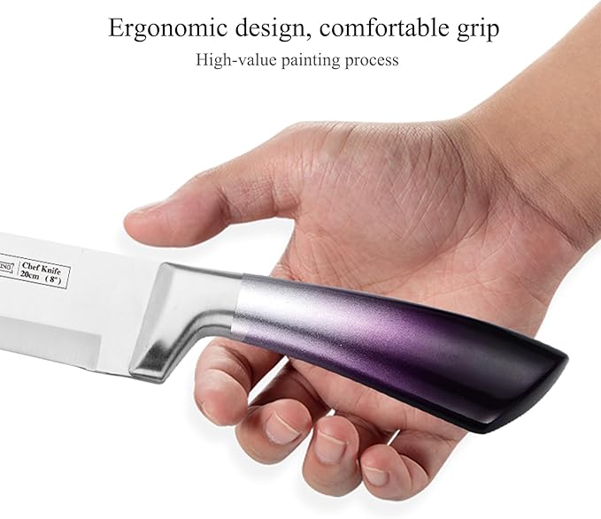 Purple Professional 9-Piece Kitchen Knife Set with Acrylic Block - Non Stick Sharp Stainless Steel Chef Knives with Sharpener,Gift for Home Kitchen Women