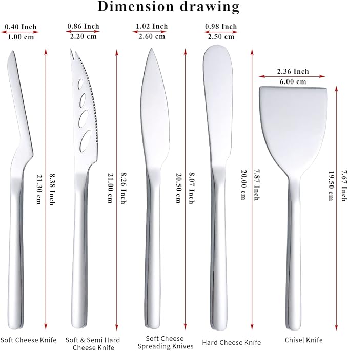Berglander Cheese Knife Set of 5 for All Types of Cheese, Stainless Steel Cheese Cutter Slicer Ergonomic Design for Confortable Grip and Cut, Butter Spreader Knife