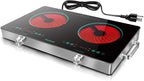 Karinear 2 Burner Electric Cooktop 110V, Portable Electric Stove with Handle, Knob Control Electri Hot Plate, Ceramic Countertop Burner, Timer, Safety Lock, 9 Power Level, 2000W, 24 inch(Green)