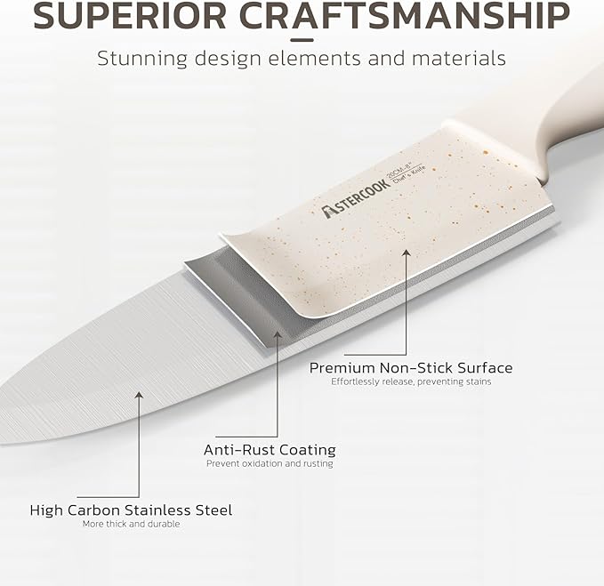 Astercook Knife Set, 15 Pieces Kitchen Knife Set with Sharpener Block, German Stainless Steel Knives Set with Anti-Rust Coating, Dishwasher Safe Elegant Cream White Knife Block Sets, Valentine's Gift