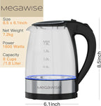 MEGAWISE 1.8L Healthy Electric Kettle, 1800W Borosilicate Glass Tea Kettle with Food Grade Material, Auto Shut-Off and Boil-Dry Protection Cordless Kettle Fast Boiling, BPA Free
