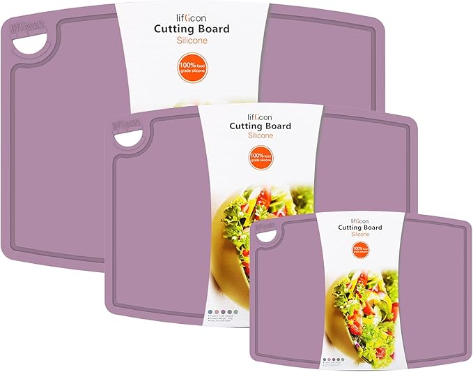 Liflicon Silicone Thick Cutting Boards Mats Set of 3 Foldable & Flexible Design Juice Grooves Easy Grip Handle Dishwasher Safe for Kitchen,BPA free Silicone Cutting Board-Plum Purple