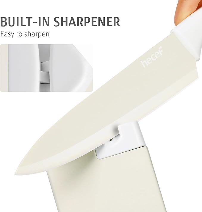 hecef 15 Pieces Kitchen Knife Set with Built-in Sharpening Wooden Block, Dishwasher Safe, High Carbon Stainless Steel Knife Block Set with Steak Knives, Kitchen Scissors, Cream White