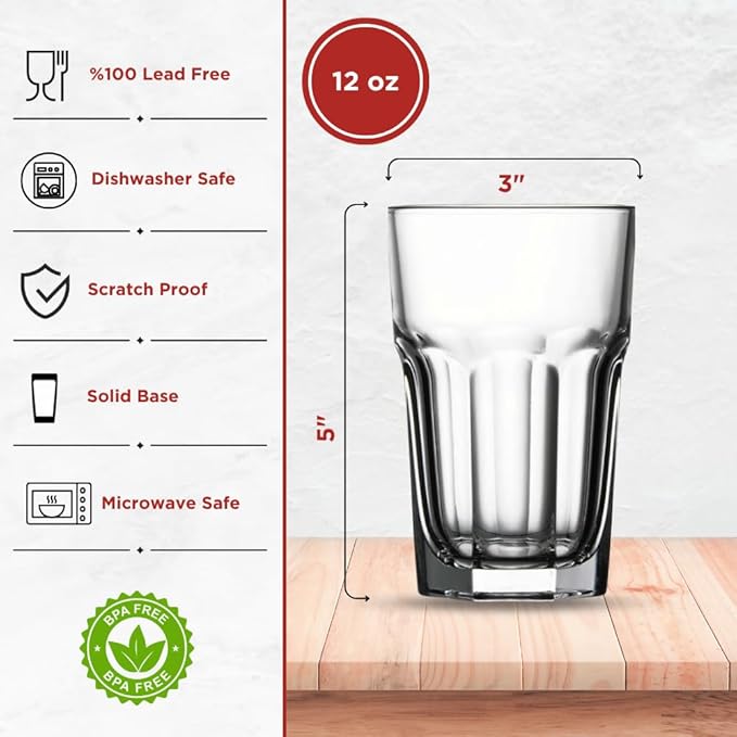 Highball Drinking Glasses Set of 48, 12.5 oz Glass Tumbler - Water Glasses & Beer Glassware for Kitchen - Durable Drinkware Set for Juice, Soda, Iced Tea & Cocktails - Heavy Base, Dishwasher Safe