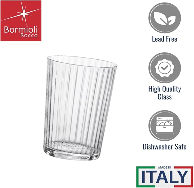 Bormioli Rocco Exclusiva Gin Fizz Glasses, Set of 12-17 Oz. Ribbed Drink Tumblers Made of Star Crystal Glass with XLT Treatment - Durable Cocktail Glasses for Daily Use, Dishwasher Safe