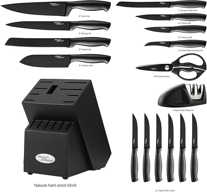 Marco Almond® Kitchen Knife Set with Block and Sharpener MA23, 17 Pieces Knife Block Set Stainless Steel Chef Black Knives Set for Kitchen