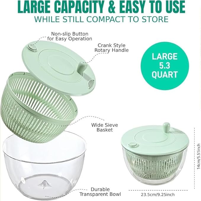 Salad Spinner Chopper Large with 5 Blades Slicer, Vegetables Fruits Wash Bowl, Lettuce Spinner and Dryer, Egg Yolk Strainer Slicer Shredder for Kitchen Colander, 5.3 Qt, Green
