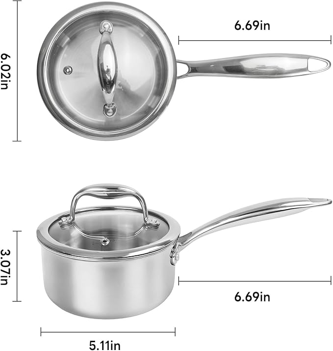 Macevia Sauce Pan with Glass Lid, 18/10 Stainless Steel Pot with Stay-Cool Handle, For All Stoves Multipurpose Use for Home Kitchen or Restaurant（1 Quart）- Silver