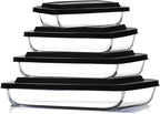 EATEX 8-Piece Deep Glass Casserole Dishes for Oven with Plastic Lids, Glass Baking Dishes for Oven, Rectangular Bakeware for Lasagna, Cooking, Leftovers, Kitchen, Freezer to Oven Dishwasher Safe