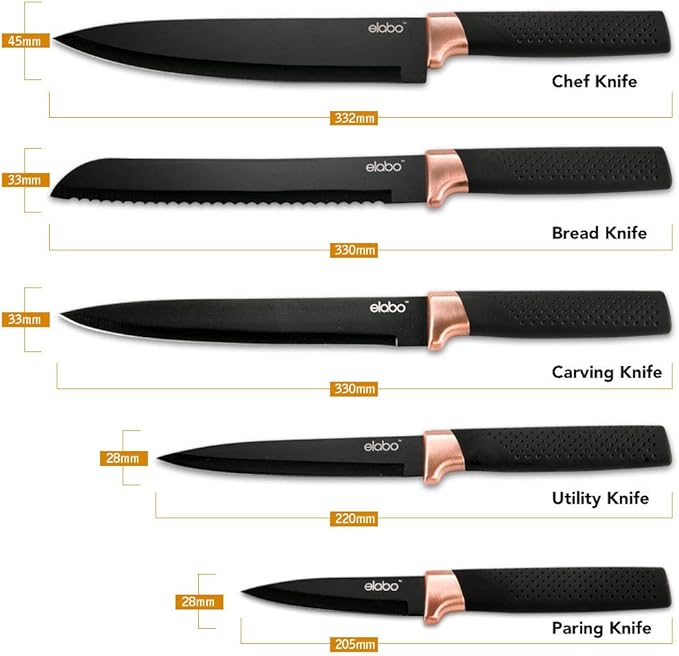 elabo 6 Piece Kitchen Knife Set – Premium Stainless Steel Knife Set with Block, Knives Set for Kitchen, Sharp Knife Block Set with Non-Stick Coating, Dishwasher Safe, Space-saving, Rose Gold