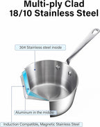 D&M Butter Warmer 0.39 Quart, Multi-Ply Clad Stainless Steel Milk Frother and Chocolate Melting Pot, Small Saucepan for Induction Stovetop, Coffee, Butter, Syrup