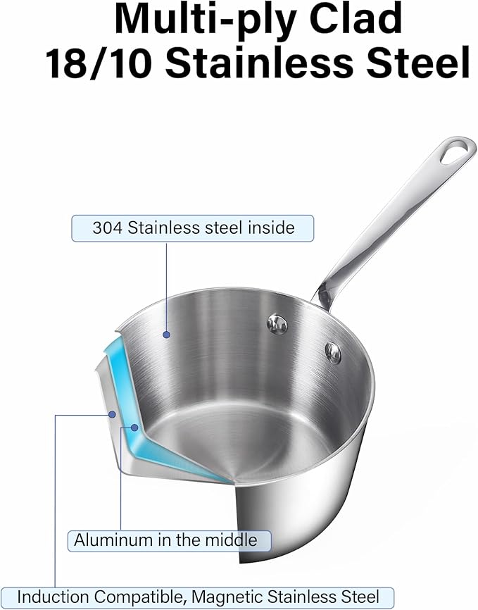 D&M Butter Warmer Set, 4-Piece Milk Frother and Chocolate Melting Pot, Multi-Ply Clad Stainless Steel Small Saucepan for Induction Stovetop, Coffee, Butter, Syrup, 0.14/0.23/0.39/0.57 Quart