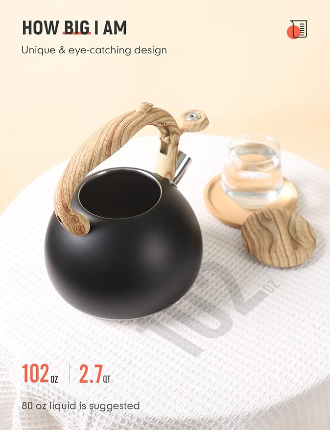 BELANKO 2.7 Quart Tea Kettle for Stovetops - Food Grade Stainless Steel Teapot with Loud Whistle, Cool-Touch Wood Pattern Handle, Rust-Resistant Whistling Kettle - Matte Black