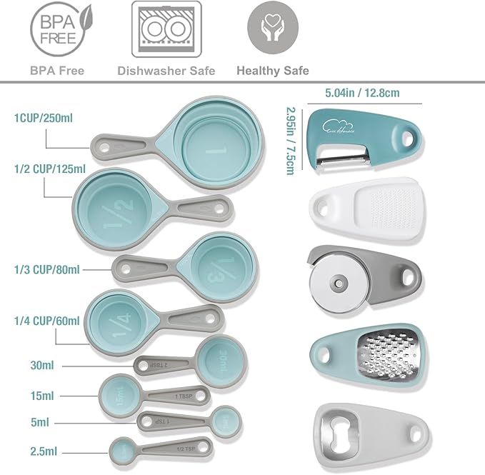 Kitchen Gadgets Set 13 Piece, Space Saving Cooking Tools Includes Cheese Grater, Pizza Cutter, Peeler, Bottle Opener, Garlic Grinder, Collapsible Measuring Cups Spoons for Small Kitchen RV Camp