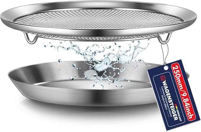 WAGENSTEIGER Stainless Steel Mesh Tray Set with Drip Pan, Air Fryer Basket and Tray, Kitchen Colander, Vegetable and Fruit Strainer, Food Filter, BBQ Prep Tool, Fruit Serving Dishes (9.84 inch)
