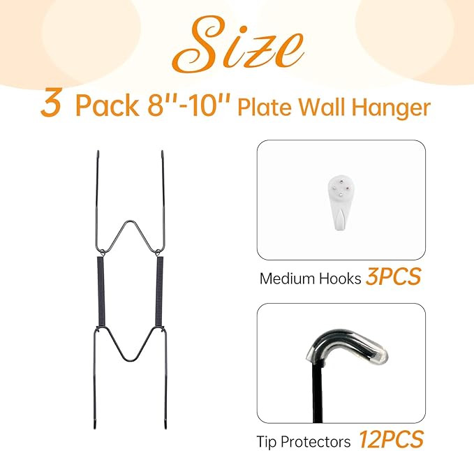 3 Pack Plate Hangers for The Wall, Suitable for 8-10 inch Art Plate, Stainless Steel Invisible Heavy Duty Wire Plate Holder with Wall Hooks, Plate Hangers for Displaying Plates, Platter, Dish, Black