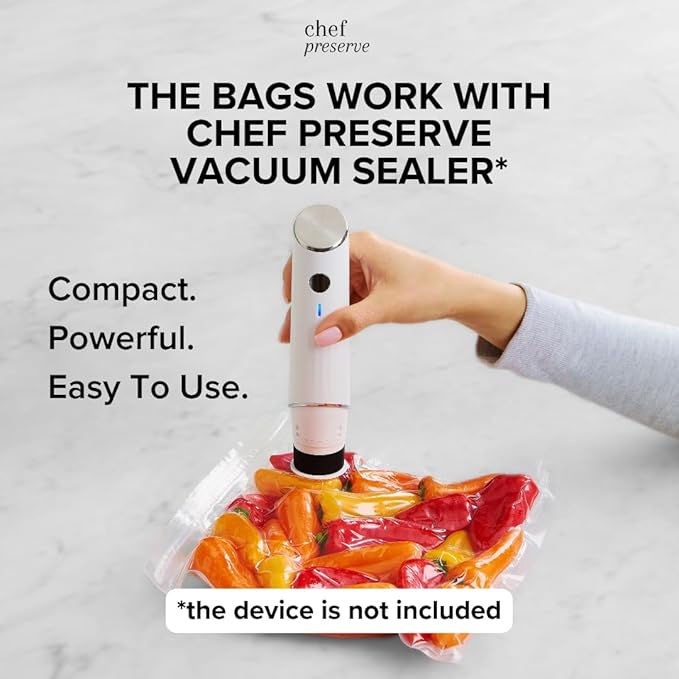 Chef Preserve Reusable Vacuum Sealer Bags for Food – 100 BPA-Free Food Storage Bags, Freezer, Microwave – Odor-Resistant, Leak-Proof – Compatible with Chef Preserve Vacuum Sealers