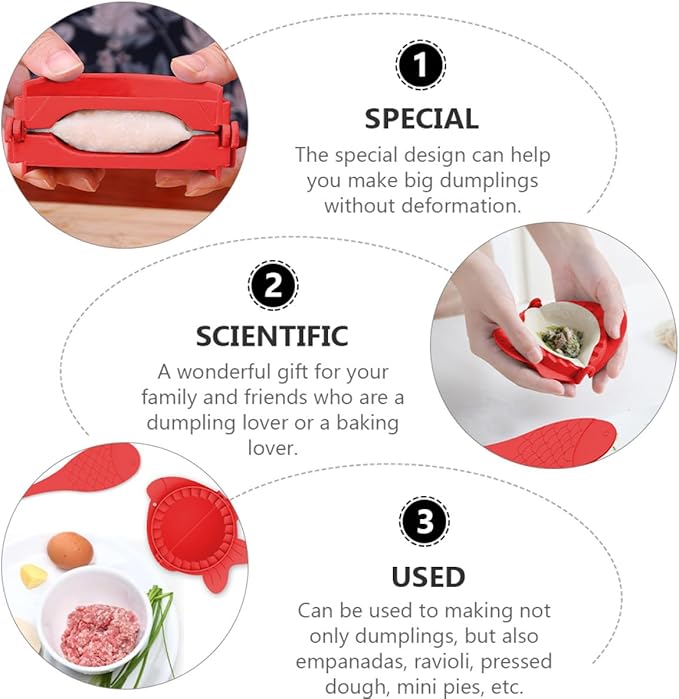 Mobestech Dumplings Maker Tools Set with 4 Red Plastic Dumpling Molds and Spoons Kitchen Gadget for Family Cooking
