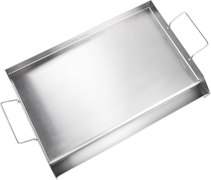 VEVOR Stainless Steel Griddle, 23.5"x16" Pre-Seasoned Stove Top Griddle, Rectangular Double Burner Griddle Pan, Non-Stick Family Pan Cookware with Handles and Oil Groove, for BBQ, Gas Grills, Silver