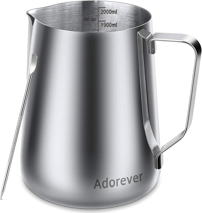 Milk Frothing Pitcher, 66oz Steaming Pitcher Stainless Steel Espresso Machine Accessories for Coffee Bar, Cappuccino Barista Tools Milk Jug Steamer Frother Cup with Decorating Latte Art Pen