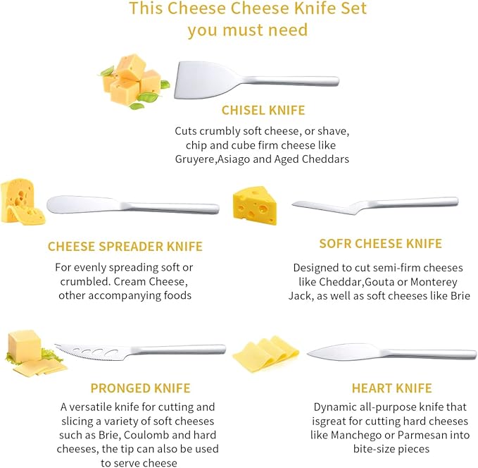 Berglander Cheese Knife Set of 5 for All Types of Cheese, Stainless Steel Cheese Cutter Slicer Ergonomic Design for Confortable Grip and Cut, Butter Spreader Knife
