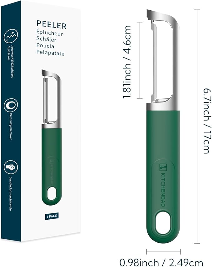 KITCHENDAO Swivel Vegetable Potato Peeler for Kitchen, Japanese Stainless Steel Sharp Blade, Heavy Duty Die-cast Construction, Built-in Eye Remover, Soft-touch Handle, Dishwasher Safe, Green