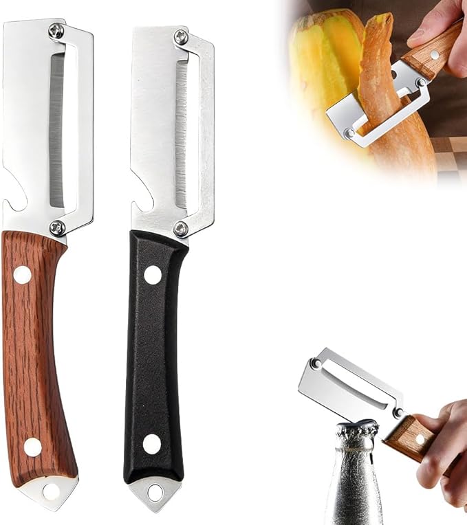 Multi-Functional Vegetable Peeler for Kitchen, 2026 New Vegetable Peeler with Wooden Handle and Bottle Opener, 2 in 1 Stainless Steel Kitchen Tool for Fruit Apple Potato Pumpkin Slicer (A+B, 2PCS)
