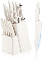 E-far Knife Set with Block, 15 Pieces Kitchen Knife Block Set with Sharpener, High Carbon Stainless Steel Sharp Chef Knife Set with Ergonomic Handles, Anti Rust, White
