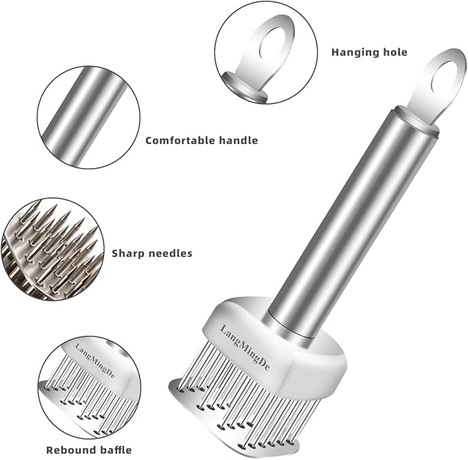 LANGMINGDE 18/10 Stainless Steel Meat Tenderizer Tool, 24 Sharp Needles for Tenderizing Steak Chicken Pork Veal Barbecue Marinating