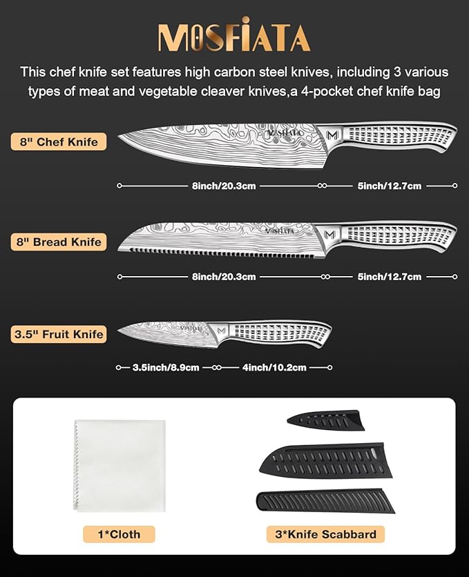 MOSFiATA 6pcs knife set，Japanese Stainless Steel Knife Sets for Kitchen with Oxford cloth storage bag Dishwasher Safe, For Outdoor