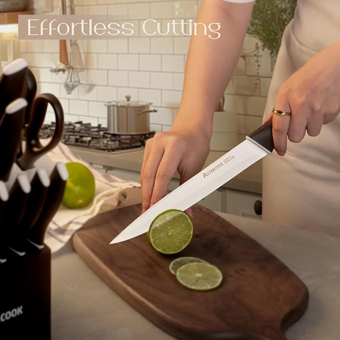 Astercook Knife Set, Kitchen Knives with Block and Sharpener 15 Pcs German Stainless Steel Knives Sharp Blade Dishwasher Safe Deba Knives with Ergonomic Handle, Elegant Black