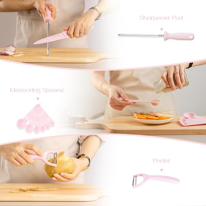 Astercook Knife Set with Block and Sharpener, 22 Piece Kitchen Knife Set Dishwasher Safe, Space-Saving Clear Knife Block with Knives for Everyday Home Cooking Pink