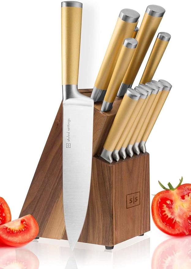 Gold Knife Set with Walnut Block – 13-Piece Full Tang Stainless Steel Kitchen Knives – Durable Gold Kitchen Accessories for Cooking and Food Prep