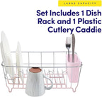 Dish Drying Rack & Cutlery Holder 2 Piece Set - Compact Sink-Fitting Dish Drainer with Rubberized Undercoating, Space-Saving Kitchen Organizer for Plates, Cups, Bowls & Utensils in Sink, Pale Pink
