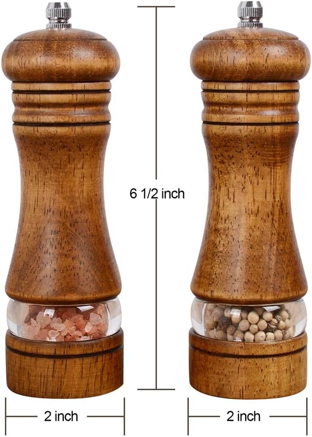Haomacro Wood Salt and Pepper Grinder Mills Set, Classic Manual Pepper Grinder Salt Grinder Refillable Pepper Mill Sets with Acrylic Visible Window Adjustable Ceramic Grinding Rotor 6.5inch 2 Pack