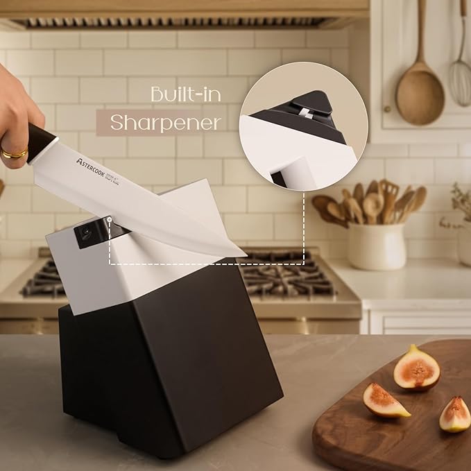 Astercook Knife Set, Kitchen Knives with Block and Sharpener 15 Pcs German Stainless Steel Knives Sharp Blade Dishwasher Safe Deba Knives with Ergonomic Handle, Elegant Black
