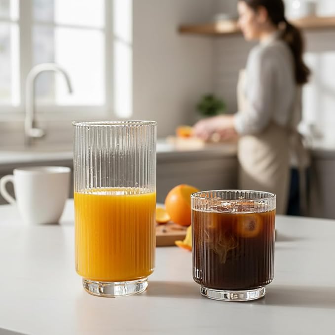 Set of 8 Ribbed Glass Cups with Crystal Base,4 Highball Glasses 18oz & 4 Rocks Drinking Glasses 9oz, Art Deco, for Water, Iced coffee, Cocktail, Juice, Whiskey, Wine, Gift
