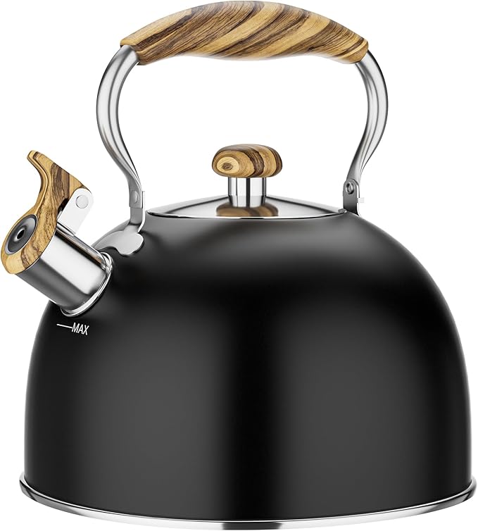 2.6 Quart Whistling Tea Kettle for Stovetop, Food Grade Stainless Steel with Cool Wood Pattern Handle, Induction Compatible, Black