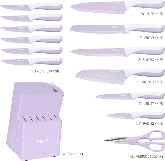 hecef 15 Pieces Kitchen Knife Set with Built-in Sharpening Wooden Block, Dishwasher Safe, High Carbon Stainless Steel Knife Block Set with Steak Knives, Kitchen Scissors, Purple