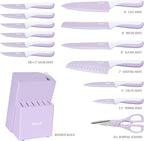 hecef 15 Pieces Kitchen Knife Set with Built-in Sharpening Wooden Block, Dishwasher Safe, High Carbon Stainless Steel Knife Block Set with Steak Knives, Kitchen Scissors, Purple