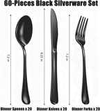 60 Piece Black Silverware Set - Service for 20, Stainless Steel Flatware Cutlery Set Include Knives Spoons Forks, Black Bulk Silverware for Wedding, Restaurant, Home, Dishwasher Safe