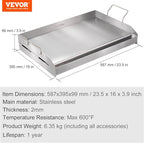 VEVOR Stainless Steel Griddle, 23.5"x16" Pre-Seasoned Stove Top Griddle, Rectangular Double Burner Griddle Pan, Non-Stick Family Pan Cookware with Handles and Oil Groove, for BBQ, Gas Grills, Silver